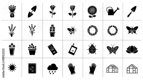 Collection of black and white gardening icons featuring various tools and elements displayed in a grid layout from a straightforward viewpoint