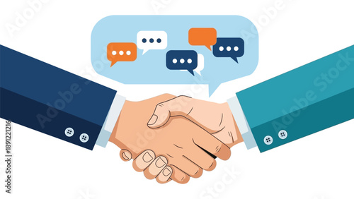 Business agreement finalized with handshake illustration symbolizing communication and partnership success