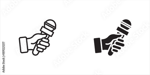 Hand holding microphone, linear icon set. Interview speech and audio recording. Line with editable stroke, vector illustration.