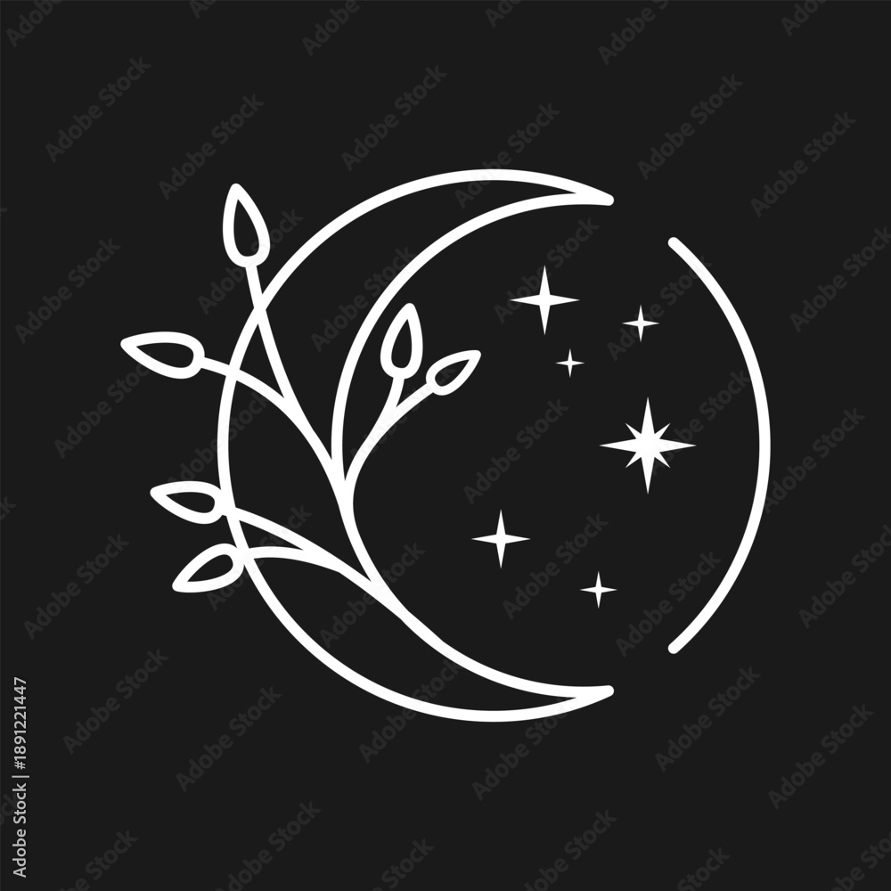 Fototapeta premium Moon and Leaves logo Line Art – Botanical Celestial Nature Illustration