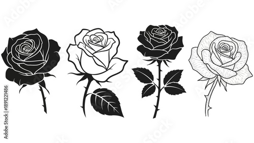 Four black and white rose illustrations in varying line styles, presented in a horizontal sequence on a plain background from a direct viewpoint.