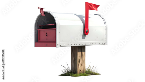 White mailbox with a red flag, mounted on a wooden post. Grass grows at the base