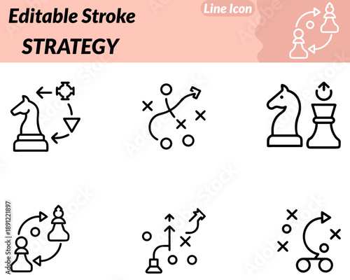 A modern minimalist strategy icon in a character style. Showcases chess pieces a target with an arrow or a roadmap with direction. Markers to symbolize planning foresight decision-making and goal.