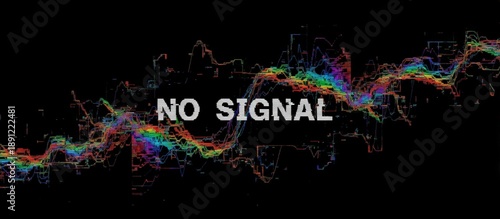 Abstract digital waveform with colorful interference and no signal text, glitchy static and pixel noise on dark background evoking data corruption, broadcast failure and lost connection