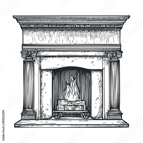 Classical architectural style fireplace with a cozy burning fire creating a warm and inviting atmosphere, perfect for home decor, traditional living space concepts, or historical project