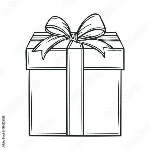 Stylized outline drawing of a classic gift box topped with an elegant bow, perfect for holiday greetings, party invitations, and special occasion marketing materials