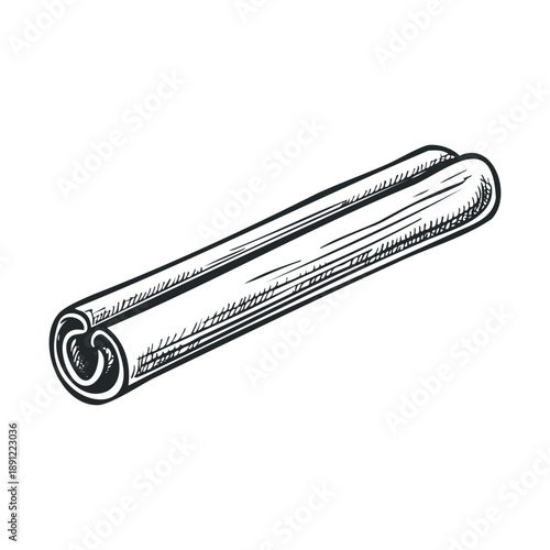 A traditional hand drawn cinnamon stick graphic, excellent for enhancing culinary product packaging, restaurant menus, recipe book covers, kitchen decor prints, or spice ingredient