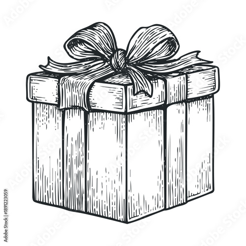 Classic hand drawn gift box with a decorative bow perfect for holiday greetings, celebration invitations, and special occasion announcements.