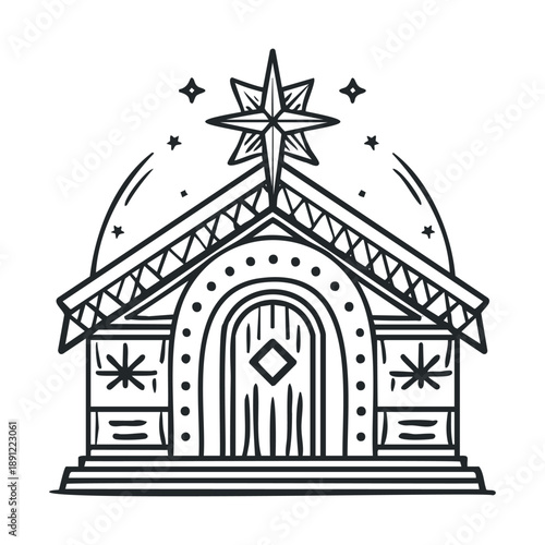 Stylized traditional stable with a prominent guiding star and festive winter decorations, perfect for holiday greetings, seasonal promotions, and spiritual projects.