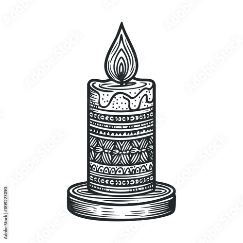 Decorative ornamental candle with tribal ethnic design and burning flame perfect for celebration, spiritual, holiday, or relaxation themed projects