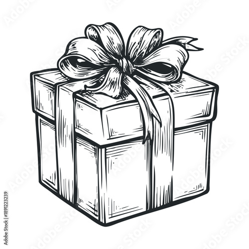 A charming handdrawn gift box with an elegant ribbon bow, perfect for holiday promotions, special occasion announcements, and festive greeting designs.