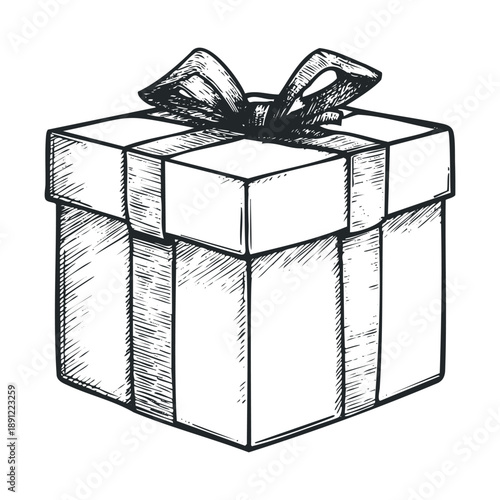 A classic hand drawn sketch of a square present box with a festive bow, ideal for holiday greetings, birthday announcements, celebration invitations, or special occasion promotions.