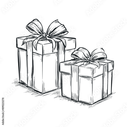 Hand drawn sketch of two wrapped present boxes with ribbons and bows for various festive holiday and special occasion marketing materials