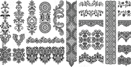 Black and white lace border ornaments set, decorative floral filigree patterns, vintage embroidery frames, victorian scrollwork elements, cad drawing flat vector illustration