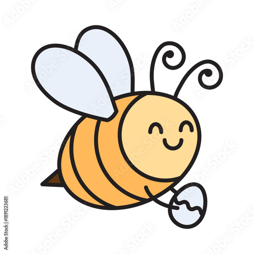 Cute linear bumblebee carrying a cracked Easter egg. Vector illustration with editable stroke and colorful fill. Happy spring character icon for Easter holidays. Professional clean design.