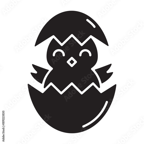 Solid black hatching chick in egg shell. Vector icon of cute Easter baby chicken. Minimalist spring bird silhouette isolated on white. Bold flat holiday symbol for clean graphic design.