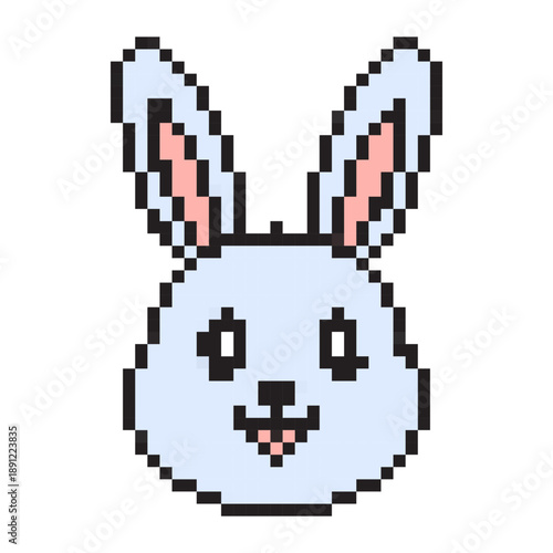 Pixel art Easter bunny face with blue fur and pink ears. 8-bit retro game style rabbit head icon, symbolizing spring joy and holiday celebration. Cute character isolated on white background.