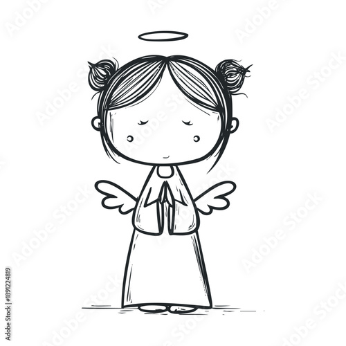 Simple doodle sketch of a praying angel character with wings and a halo, perfect for religious themes, spirituality, peace, or innocent childrens content.