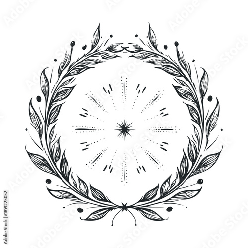Elegant black and white circular leafy frame surrounding a radiant sunburst symbol ideal for natural product labels, bohemian stationery, or mystic emblem creations