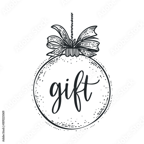 Hand drawn festive gift ornament with a decorative bow and gift inscription perfect for holiday season greetings, special occasion invitations, and celebration themed promotional materials