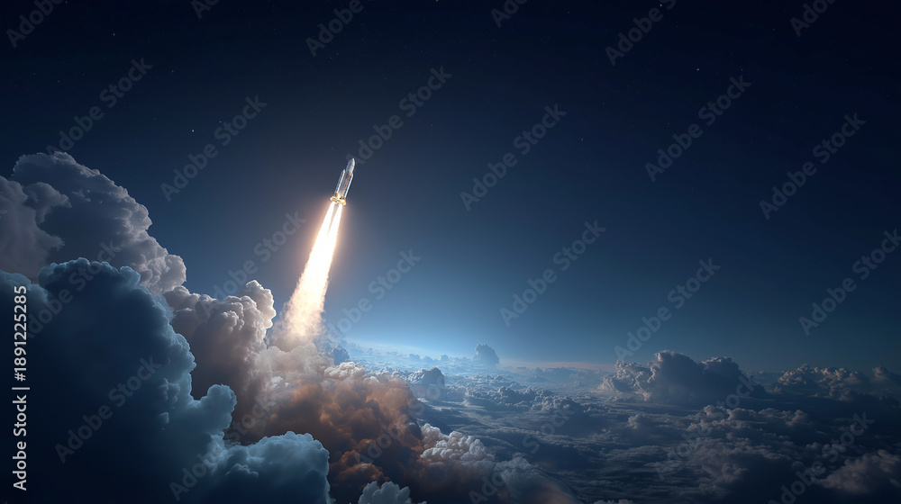 Fototapeta premium A futuristic spaceship launches into the night sky with blazing rocket engines illuminating stars and clouds in dramatic cinematic style