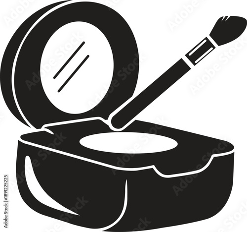 Open Makeup Powder Compact Icon with Mirror and Brush. Black Cosmetic Face Powder Case Vector Illustration for Beauty Salon and Glamour Fashion Design