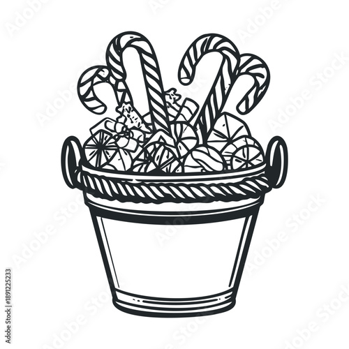 Sweet holiday bucket filled with classic candy canes and a delightful assortment of wrapped sugary treats, perfect for festive seasonal advertising, childrens event decorations, or dessert
