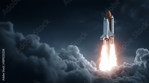 A futuristic spaceship launches into the night sky with blazing rocket engines illuminating stars and clouds in dramatic cinematic style