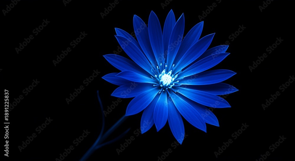 Fototapeta premium Glowing blue flower with long petals and bright center on dark background
