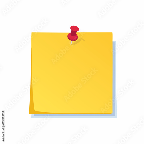 Yellow Square Sticky Note Attached with Red Push Pin on White Background Reminder Office Paper