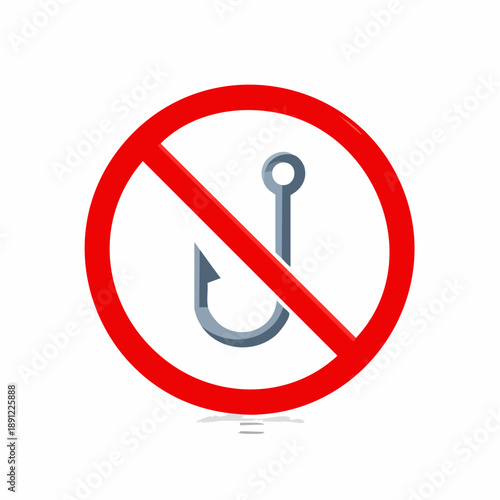 Fishing Forbidden Sign Illustration, Red Circle with Fishing Hook Icon, No Fishing Allowed Concept
