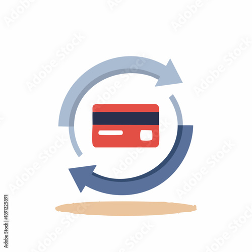 Credit card surrounded by circular arrows symbolizing financial transactions and payment methods