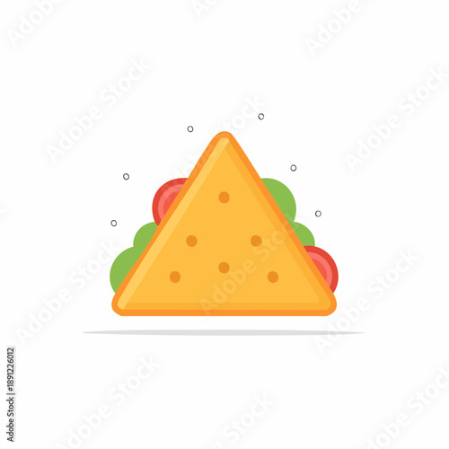 Vector flat illustration of tasty sandwich with tomatoes and lettuce. Triangular bread food for snack or lunch.