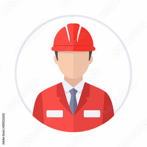 Illustration of a construction worker in uniform and safety helmet inside a circle