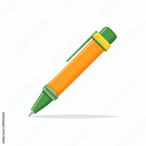 Orange and green ballpoint pen illustration. Close up of a pen for writing, drawing, taking notes, studying.