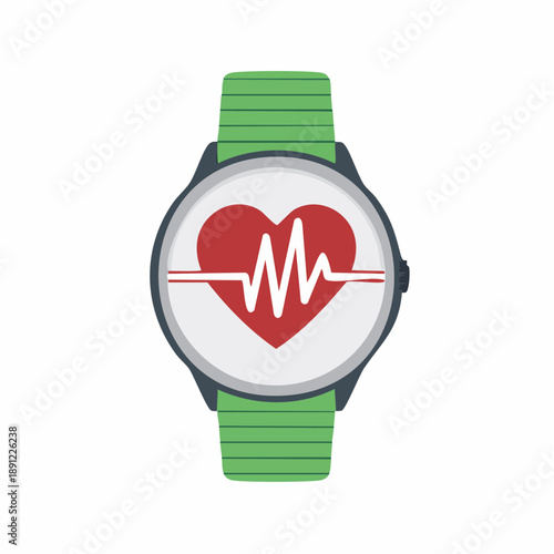 Illustration of a wrist watch displaying a heart rate monitor with a red heart shape symbol and pulse waves.