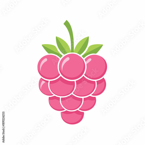 Stylized Pink Raspberry Illustration with Green Leaves Isolated on White