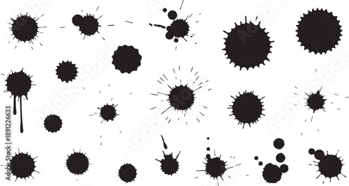 Black ink splatter isolated on white background. Vector watercolor paint brush texture. Ink splash and stain set. Grunge spray drop spatter, dirty blot splatters and splat. 