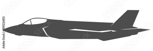 Silhouette F-35 military aircraft design from side view. Minimalist vector illustrations f35 fighter jet in black and white color from lateral. Monochrome drawing united states modern combat aeroplane