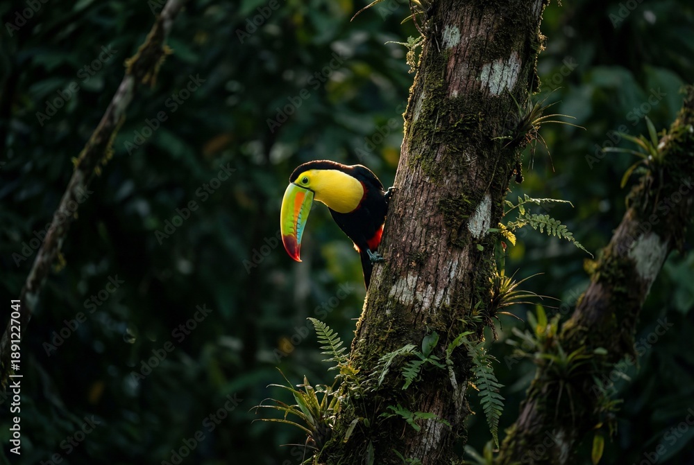Fototapeta premium Vibrant keel billed toucan perched on mossy tree trunk in lush tropical forest