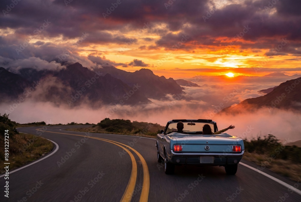 Fototapeta premium Couple driving vintage blue convertible on winding mountain road during sunset above clouds