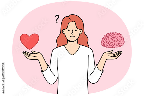Woman tries to balance between getting education and romantic relationship, holding heart with brain in hands. Choosing life priorities and balance between instinct or intellect when making decisions