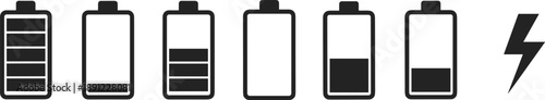 Battery charge level status icons set with lightning bolt energy symbol for mobile power, electric technology and device loading.