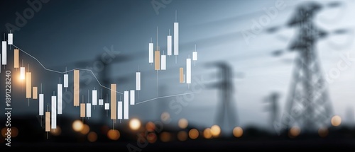 Panel kuchenny z motywem Charts show electricity market trends with power towers in the background showcasing energy technology and trading activity in the financial sector