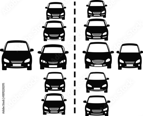 Black car silhouettes driving in road traffic lanes representing automotive transportation, city commute, vehicle safety and urban travel logistics.