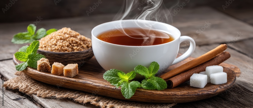 Fototapeta premium A cup of tea sits on a wooden tray beside dried flower leaves, sugar cubes, and cinnamon sticks in a cozy indoor space
