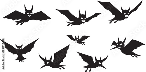 Flying bat silhouettes collection in different poses, black Halloween animal icons set for spooky design, horror theme, logo