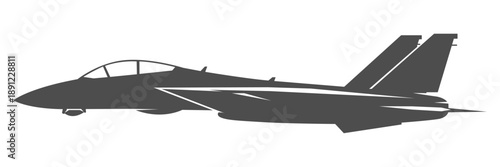 Silhouette F-14 military aircraft design from side view. Minimalist vector illustrations f14 fighter jet in black and white color from lateral. Monochrome drawing united states modern combat aeroplane