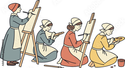 Art students painting with easels and palettes in studio class