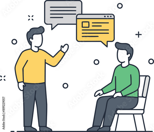 Two people engaged in a professional discussion about digital content and online communication strategies